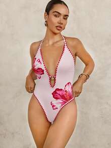 Swim Vcay Summer Beach Vacation Women's Spaghetti Strap Ruffle Trim Printed Ribbed One Piece Swimsuit - Multicolor - View 1
