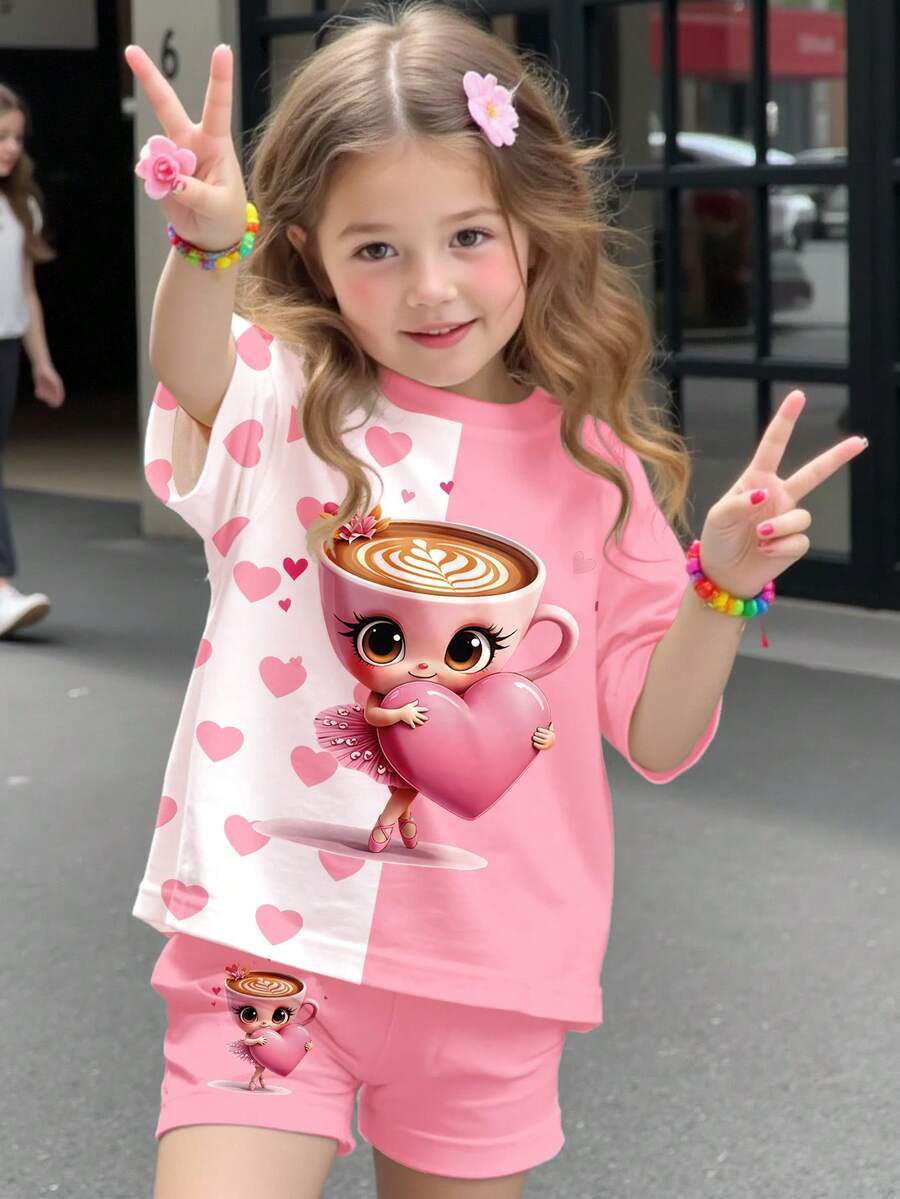 SHEIN 2pcs/Set Baju Lengan Pendek dan Celana Pendek Motif Balerina & Cappuccino Lucu untuk Anak Perempuan, Cocok untuk Musim Panas, Kembali ke Sekolah - MultiWarna - View 1