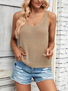 Breezaya Petite Áo dệt kim đơn sắc tối giản dành cho nữ, kiểu dáng thường ngày. - Màu Khaki - Xem 6