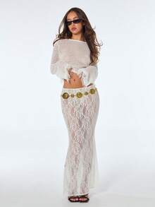 SHEIN ICON Áo croptop gợi cảm cho nữ, thích hợp đi nghỉ mát, xem hòa nhạc, Coachella, màu trơn, cổ tròn, tay áo tua rua, thích hợp cho mùa xuân đến hè. - trắng - Xem 4