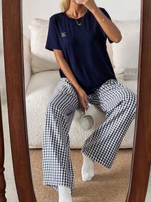 SHEIN 女士休闲纯色短袖圆领上衣和格子裤睡衣套装 - 彩色 - 查看 5