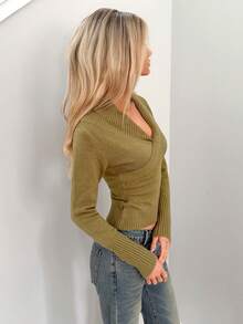 Sydney Algeri Blusa feminina de manga comprida, estilo streetwear, cor sólida, slim fit, casual, estilo streetwear - Verde - Ver 3