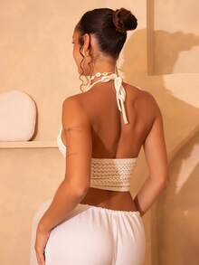 juhmazzocco Solid Color V-Neck Halter Knit Top For Music Festival - White - View 2