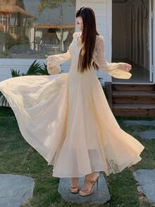 DAZY 女士刺绣蕾丝网纱中长连衣裙，优雅独特，正式场合礼服/吊带裙 - 杏色 - 查看 4