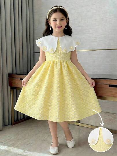 SHEIN Sweet, Stylish New Girls' Mid-Calf High-Waisted Snug Fit Princess-Style Floral Dress; Sweet Ruffled Collar With A High Waist And Fluffy Skirt Hem; Fashionable And Versatile Sleeveless Princess Dress For Girls. Kids Jacquard Dresses Girls Formal Yellow Dress Girls Yellow Floral Dress Girls Lemon Dress