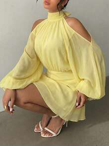 Aloruh Women's Elegant Pale Yellow Mini Dress,Long Sleeve Lantern Sleeve A-Line Party Dress,Summer Wedding Guest Dress,Solid Color Short Afternoon Tea Dress - Light Yellow - View 7