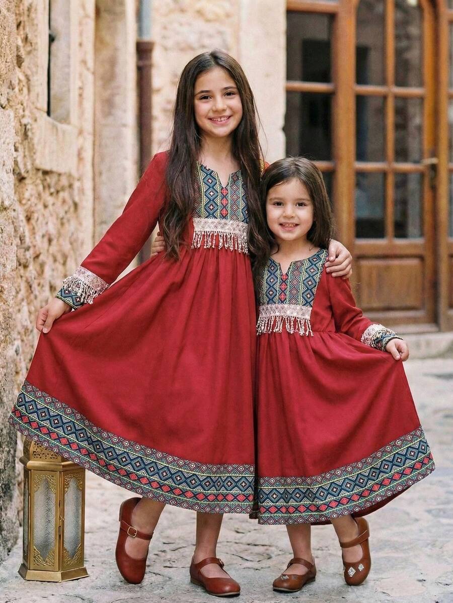 SHEIN Tween Girl Vacation Geometric Pattern Sequin Tassel 3/4 Sleeve Loose Dress - Red - View 1