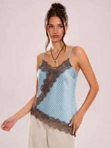 Avenya 女士夏季沙滩度假条纹印花撞色蕾丝不对称下摆吊带背心 - 彩色 - 查看 4