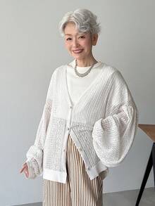 FRIFUL Women's Solid Color V-Neck Single-Breasted Hollow Casual Versatile Lightweight Cardigan For Daily Wear - White - View 6