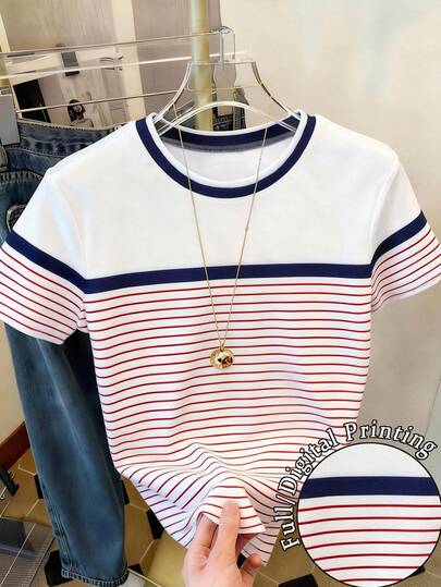 Resyla Women's Striped Patchwork Casual Round Neck Short Sleeve T-Shirt