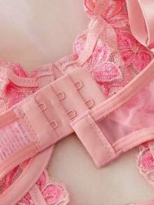 1件装女士性感花卉刺绣网纱连体衣 - 粉色 - 查看 6