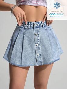 SHEIN ICON Chân váy denim ngắn màu trơn, cài cúc phía trước, xếp ly, có tua rua ở gấu váy, kiểu dáng thường ngày. - Rửa nhẹ - Xem 4