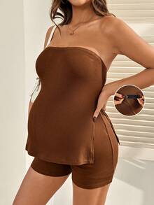 SHEIN 2pcs Maternity Solid Color Comfortable Cropped Top And Shorts Set, Summer Cute Outfit Outfits Beach Casual Holiday - Brown - View 3