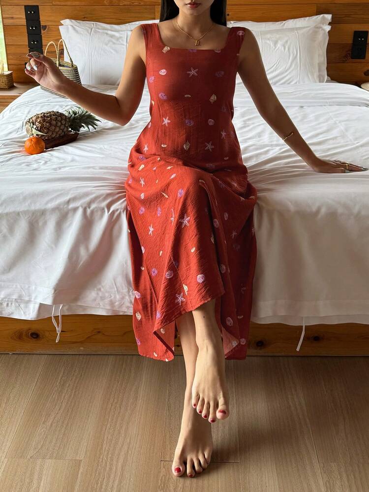 Summer Beach Vacation Style Ocean Element Print Sleeveless Mid-Length Women Nightgown