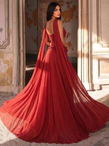 Glamrae Orange Fabric Sleeveless Strapless Maxi Dress For Women Featuring An Elaborate Embroidered Bodice And Flowing Pleated Skirt - Orange - View 3