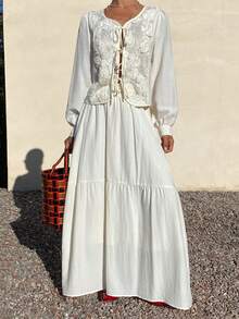 Livesso 2 Stücke Damen Strukturierte Puffärmel Top und Lässig Rock Set, Boho Loungewear Set für Damen Urlaubsoutfits - Beige - Übersicht 1