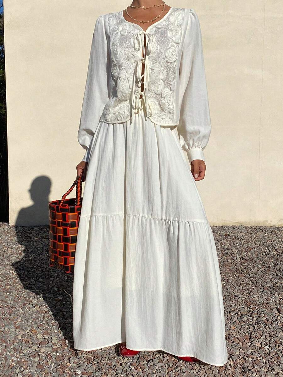 Livesso 2 Stücke Damen Strukturierte Puffärmel Top und Lässig Rock Set, Boho Loungewear Set für Damen Urlaubsoutfits - Beige - Übersicht 1