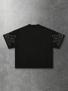 ROMWE MEN 男士宽松版型闪亮钻石装饰短袖T恤 - 黑色 - 查看 3