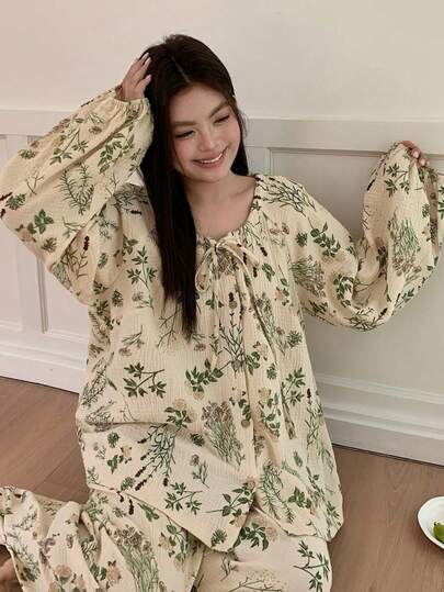 Dazy Plus 时尚树叶印花宽松灯笼袖套头衫和休闲长裤加大码女式休闲睡衣套装