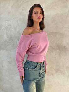 Aloruh Apricot Knit Asymmetric Shoulder Long Sleeve Top For Women, Autumn/Winter - Pink - View 4
