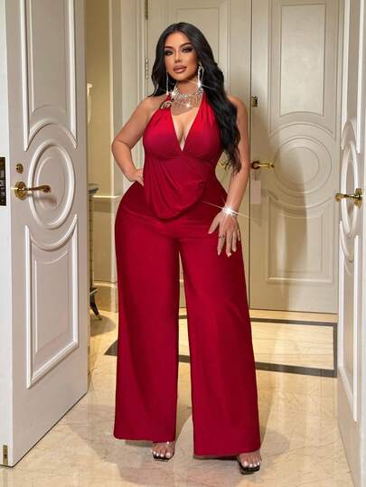 NU&NOW Plus Size Women's Burgundy Halter Deep V Hollow Out Decoration Wide Leg Jumpsuit, Sexy
