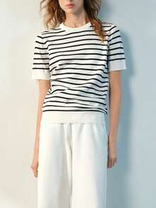 Maija Graphic Women's Striped Knit Top, Round Neck, Short Sleeve, Casual Urban Valentine's Day Vacation Outfits Women Spring To Summer Beach Outfit - Black and White - View 6