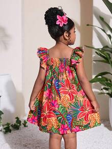 少女休闲时尚碎花方领荷叶袖A字直筒连衣裙 - 彩色 - 查看 2