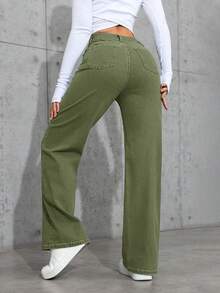 Jeanoix Petite Women's High Waist Pockets Casual Straight Leg Jeans - Army Green - View 2