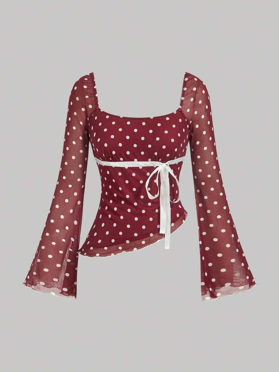 SHEIN MOD Camiseta de mujer con mangas acampanadas, lunares y lazo de malla - Burdeos - Ver 1