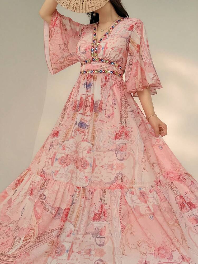 Women's Floral V-Neck Flare Sleeve Dress Sundress Boho