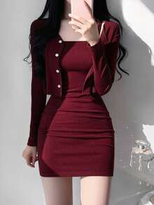 DAZY Ladies' Single Breasted Long Sleeve Top And Cami Dress Set Summer, Women Two Pieces Sets Lounge Sets For Women - Burgundy - View 1
