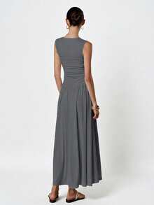 Aveloria Modichic White Minimalist Sophisticated Pleated Crew Neck Sleeveless Dress - Dark Grey - View 5