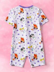 THE POWERPUFF GIRLS X SHEIN Young Girl Cute Cartoon Star Allover Print Contrast Trim Short Sleeve Half Button-Front Romper Pajama, Summer - Purple - View 2
