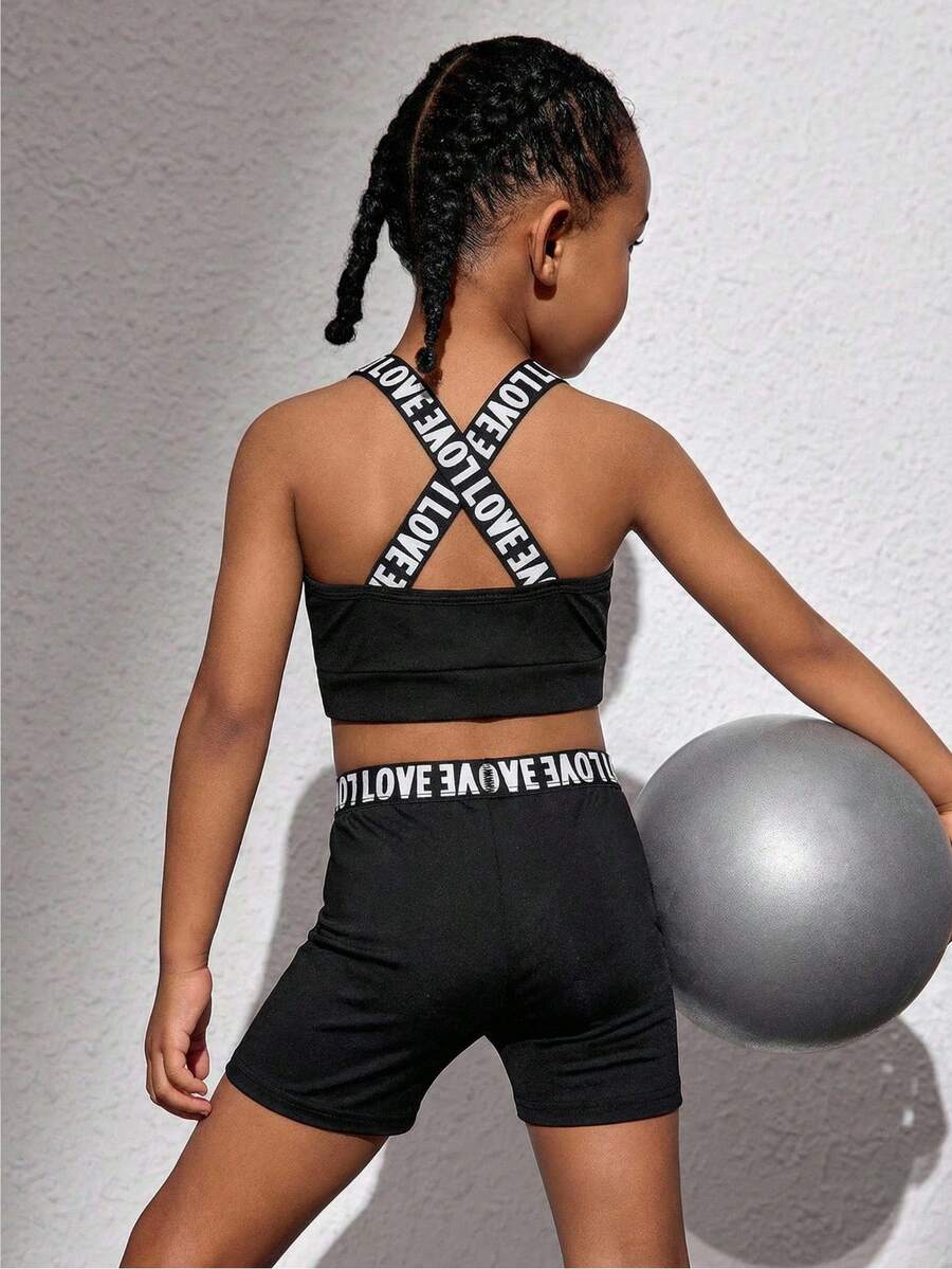 Young Girl Casual Black Sports Bra And Leggings Set - Black and White - View 1