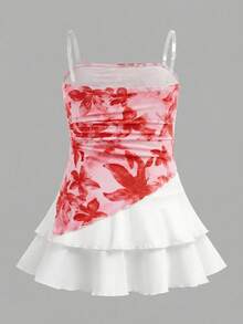 SHEIN Leap Crew Tween Girls Floral Print Ruched Hem Cropped Cami Top With Sheer Strap & Layered Mini Skirt 2 Pieces Set,White Summer Y2k Vacation Resort Dress Outfit - Hot Pink - View 2