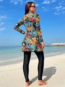 Swim Mulvari Women's Tropical Floral Ruched Burkini Two-Piece Dress & Pants Full Coverage Swimsuit, Spring/Summer - Multicolor - View 2