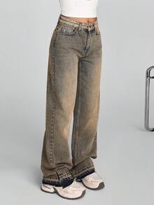 CasuGlow 高腰阔腿牛仔裤，夏季时尚 - 中等水洗藍 - 查看 3