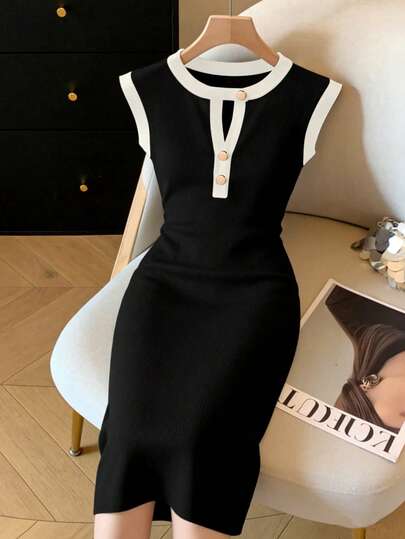 GlowEve New Arrival Color Block Round Neck Sleeveless Stylish Women Dress