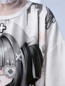 ROMWE Anime 动漫卡通病娇女孩粉色宽松圆领短袖T恤 - 黑色 - 查看 7