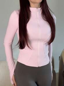 Abrilcols Chaqueta de manga larga ajustada con cuello alto elástico de unicolor para mujer, casual y deportiva, para primavera/otoño - Rosa - Ver 5