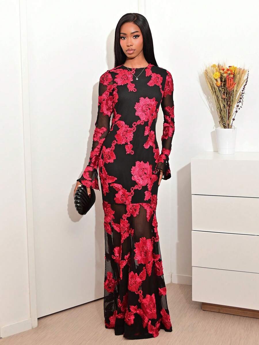 Mima John Vestido ajustado ajustado elegante, romántico y delicado con bordado floral y espalda descubierta tipo sirena para vestir en Año Nuevo, vestido largo para mujer - Rojo - Ver 1