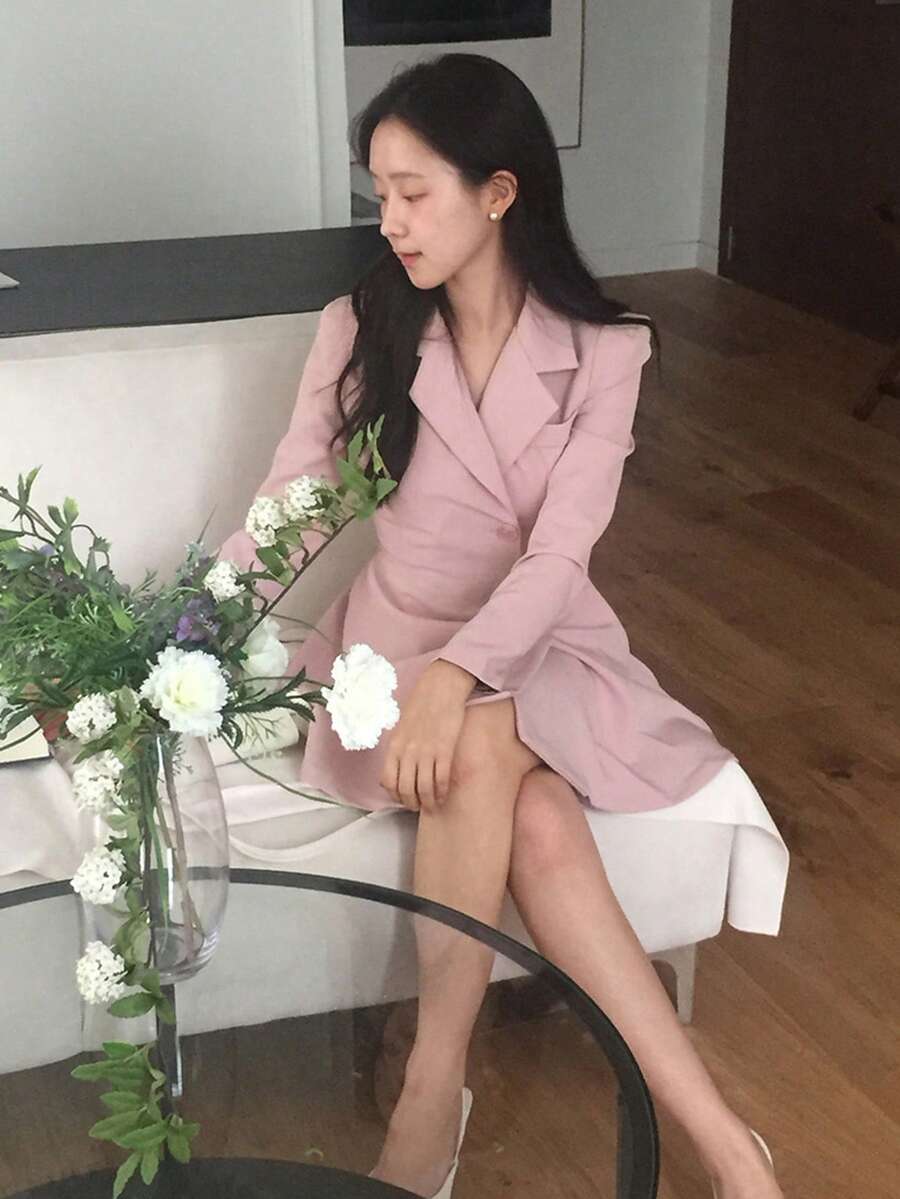 DAZY Lapel Single-Breasted Cinched Waist Long Sleeve Dress For Women - Baby Pink - View 1
