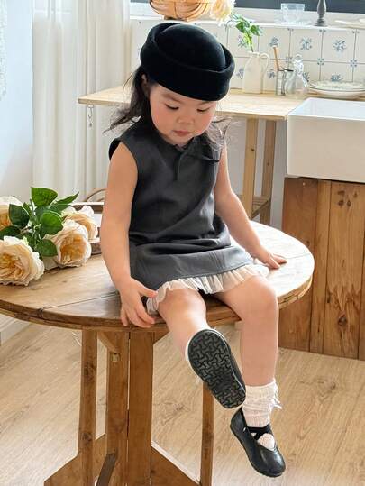 DAZY 女婴时尚校园风连衣裙，幼儿休闲背带裙，带蝴蝶结装饰