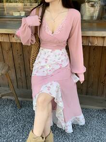 DAZY Women's Sexy V-Neck Asymmetrical Flared Lace Dress - Pink - View 5