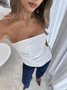 Elegant Women's Solid Color Asymmetrical Bandeau Top, Summer - trắng - Xem 2