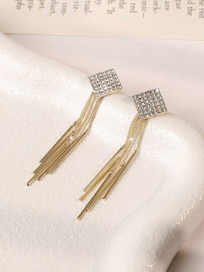 Enchnt 1 Pair Copper Encrusted Fully Paved Diamond Claw Chain Tassel Earrings, Long Tassel Earrings Suitable For Women's Daily Wear