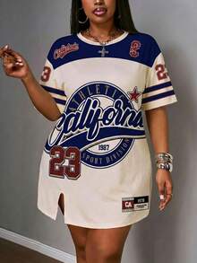 casual de estilo callejero con estampado, manga corta, abertura lateral y diseño off-shoulder para vacaciones de primavera/verano temprano en tallas grandes. - Multicolor - Ver 2