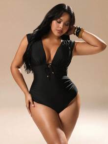 Auralis Maiô Sexy de Cor Sólida com Decote em V Profundo e Costas Abertas, Plus Size - Preto - Visão 3