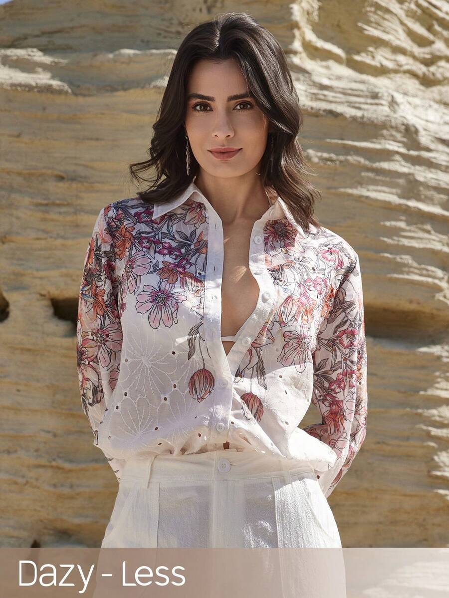 Dazy-Less Women's Long Sleeve Floral Print Button Front Casual Blouse - White - View 1