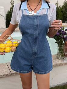 DAZY Women's Summer Backless Criss-Cross Strap Casual Denim Bib Shorts - Medium Wash - View 3